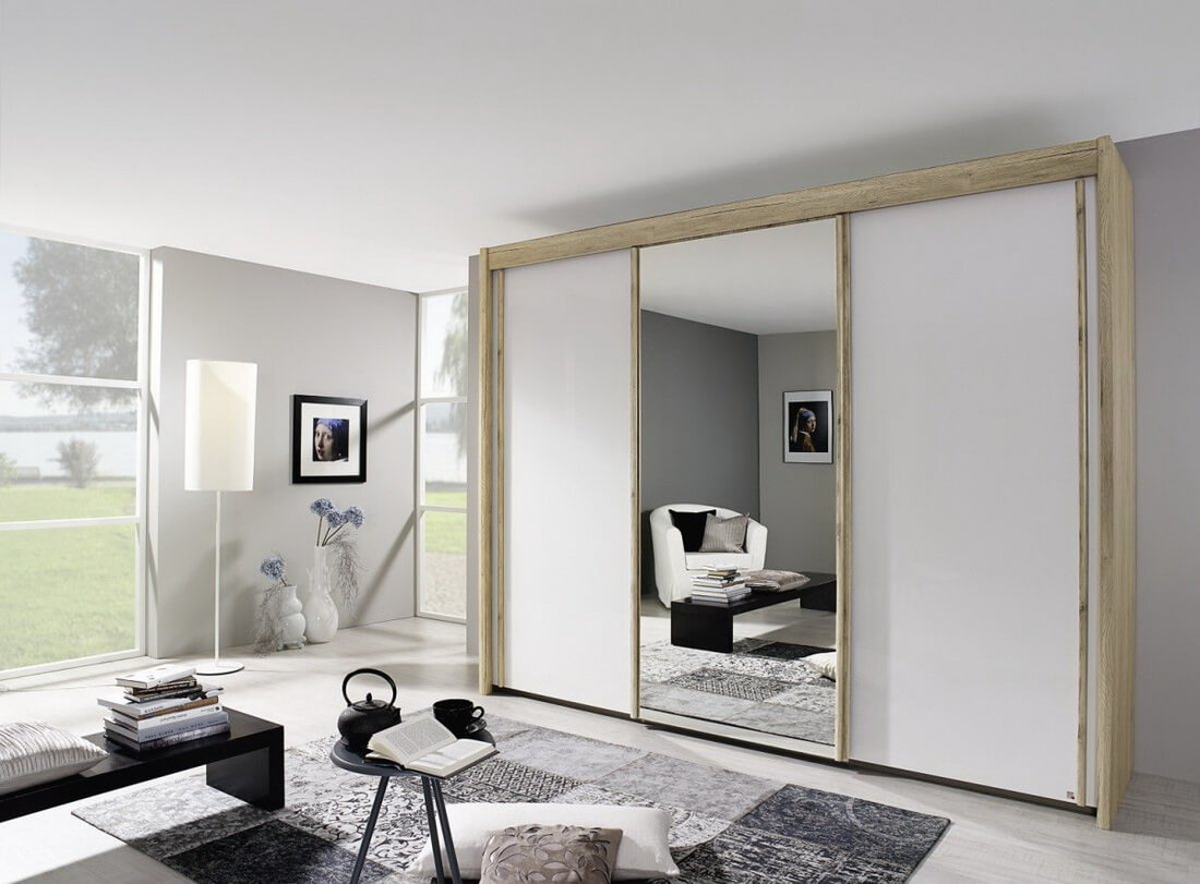 /Белый шкаф-купе в гостиную №126 с зеркалом на заказ